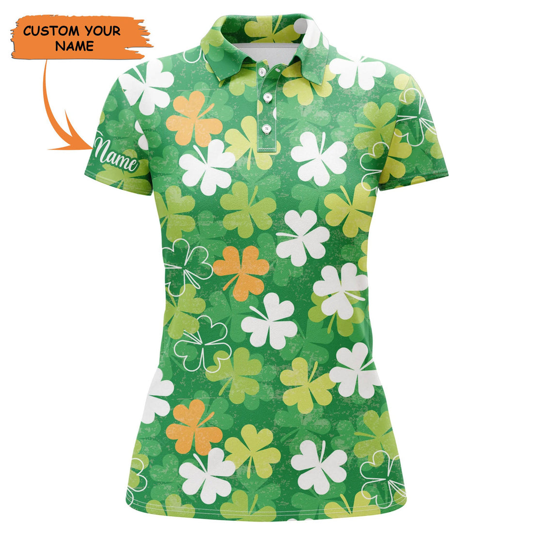 Custom Womens Golf Polo Shirt Green Clover Pattern Custom Name St. Patrick's Day Pattern Ladies Golf Shirt, Perfect Gift For Women
