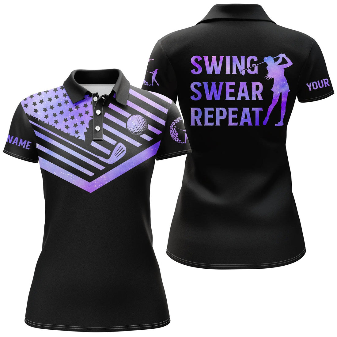 Custom Womens Golf Polo Shirt Galaxy American Flag Custom Name Swing Swear Repeat White Golf Shirt, Perfect Gift For Women