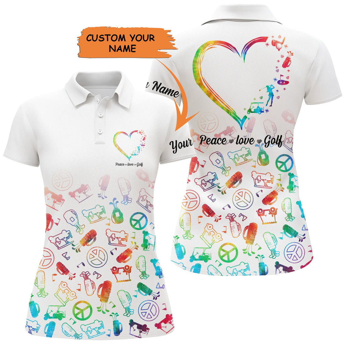 Custom Womens Golf Polo Shirts Custom Name Watercolor Peace Love Golf, Personalized Golf Shirt For Women, Perfect Gift For Women