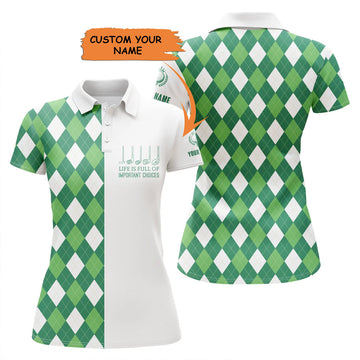 Custom Womens Golf Polo Shirts Green Argyle Plaid Pattern Custom Life Is Full Of Important Choices Golf Wear, Perfect Gift For Women