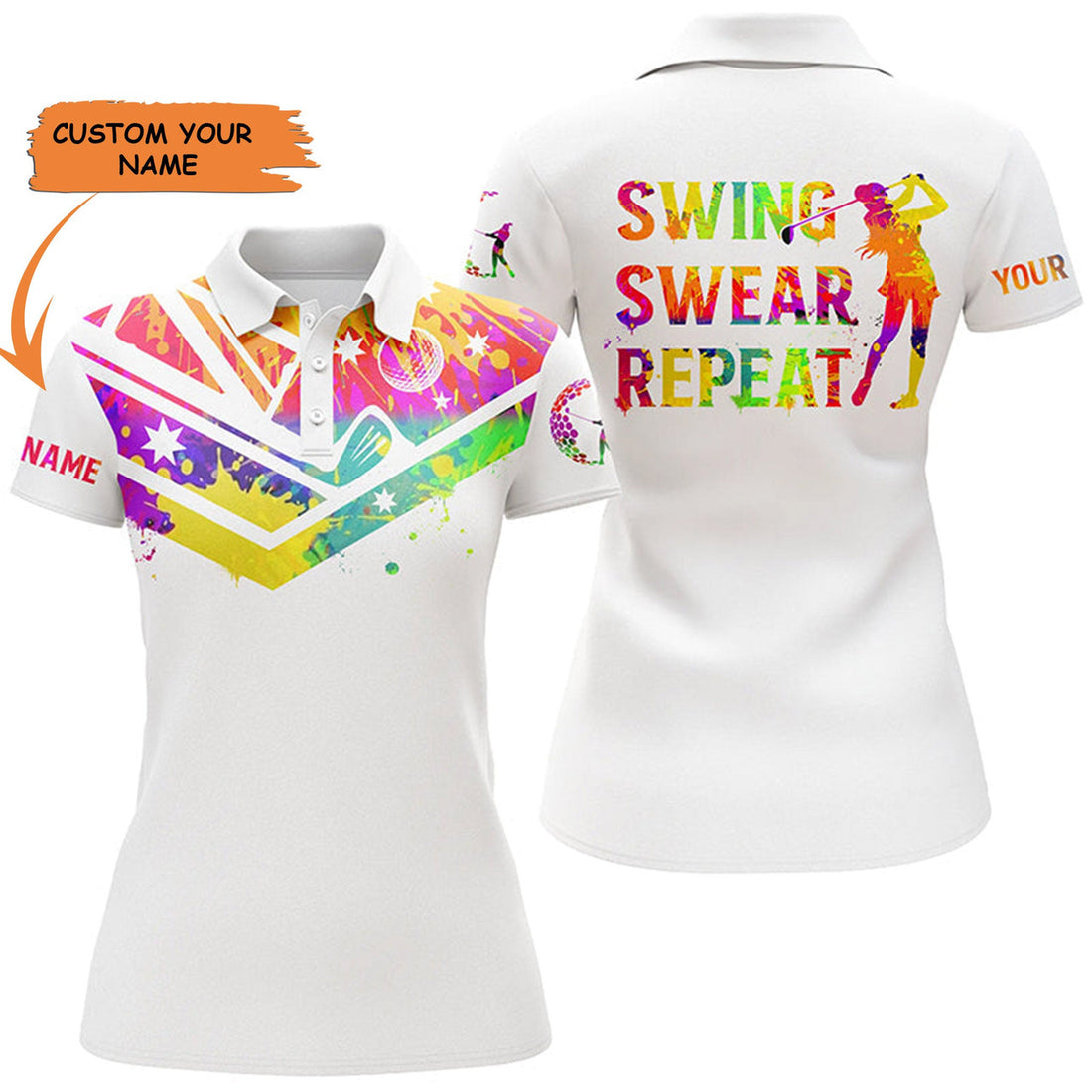 Custom Womens Golf Polo Shirts Watercolor Australia Flag Custom Name Swing Swear Repeat White Golf Shirt, Perfect Gift For Women