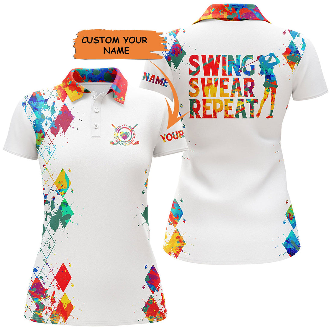 Custom Womens Golf Polo Shirt Watercolor Custom Name Swing Swear Repeat White Golf Shirt, Golfing Gifts