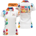 Custom Womens Golf Polo Shirt Watercolor Custom Name Swing Swear Repeat White Golf Shirt, Golfing Gifts