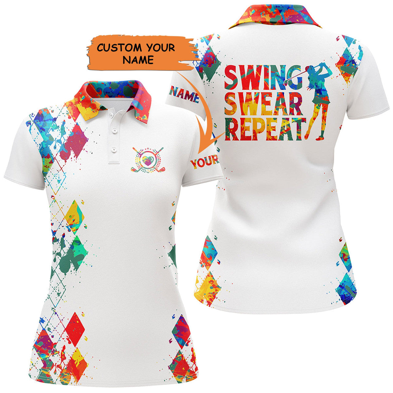 Custom Womens Golf Polo Shirt Watercolor Custom Name Swing Swear Repeat White Golf Shirt, Golfing Gifts