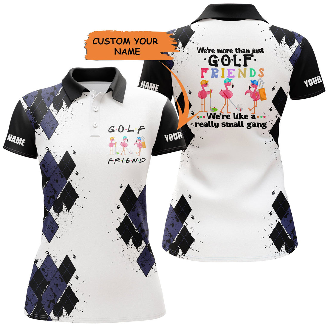 Custom Womens Golf Polo Shirt We're More Than Just Golf Friends Flamingo Custom Name Funny Golf Shirt Black