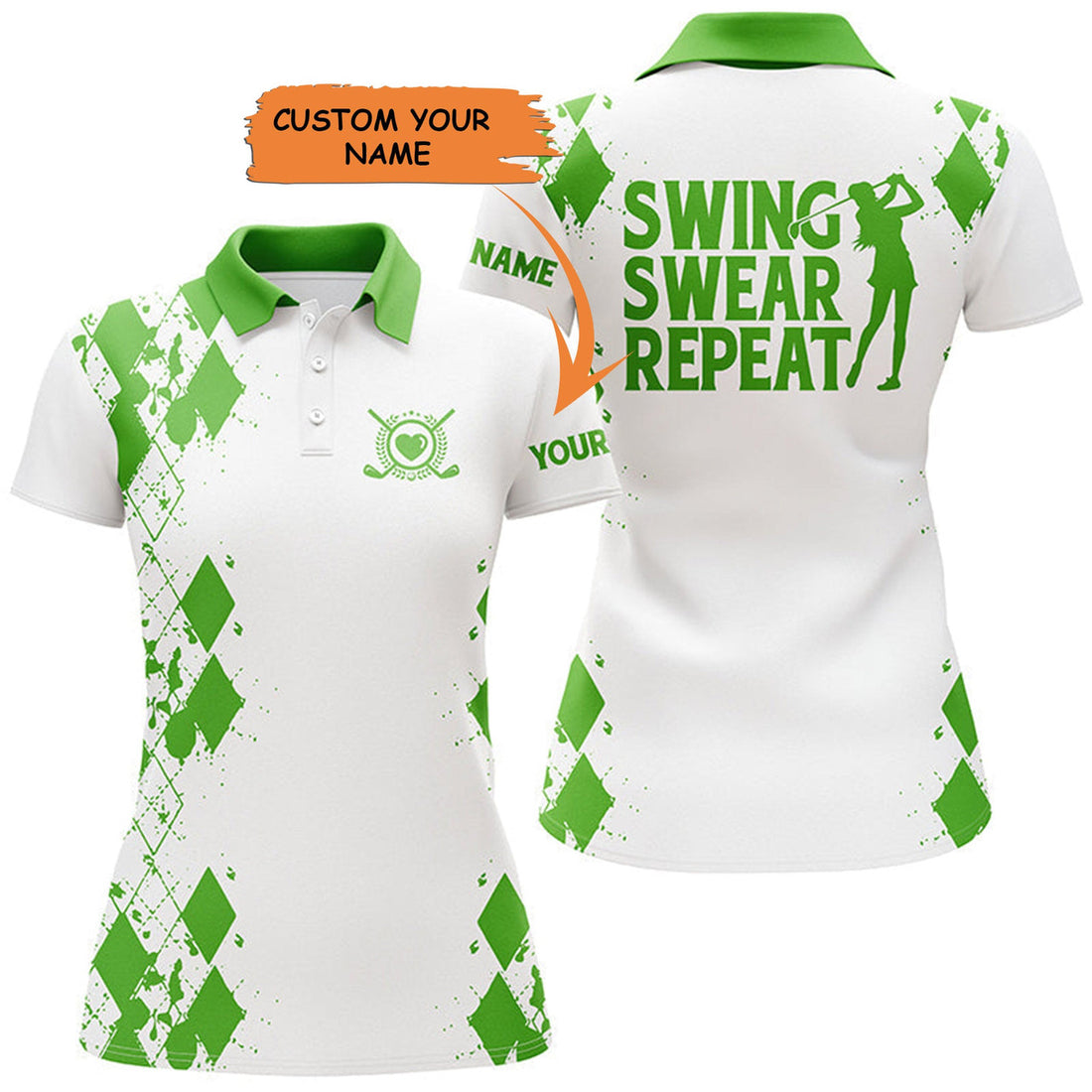 Custom Womens Golf Polos Shirts Custom Name Swing Swear Repeat White Golf Shirt, Golfing Gifts - Green