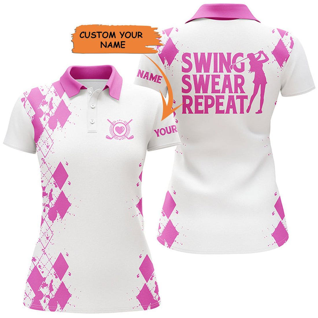 Custom Womens Golf Polos Shirts Custom Name Swing Swear Repeat White Golf Shirt, Golfing Gifts - Pink - Black, Perfect Gift For Women