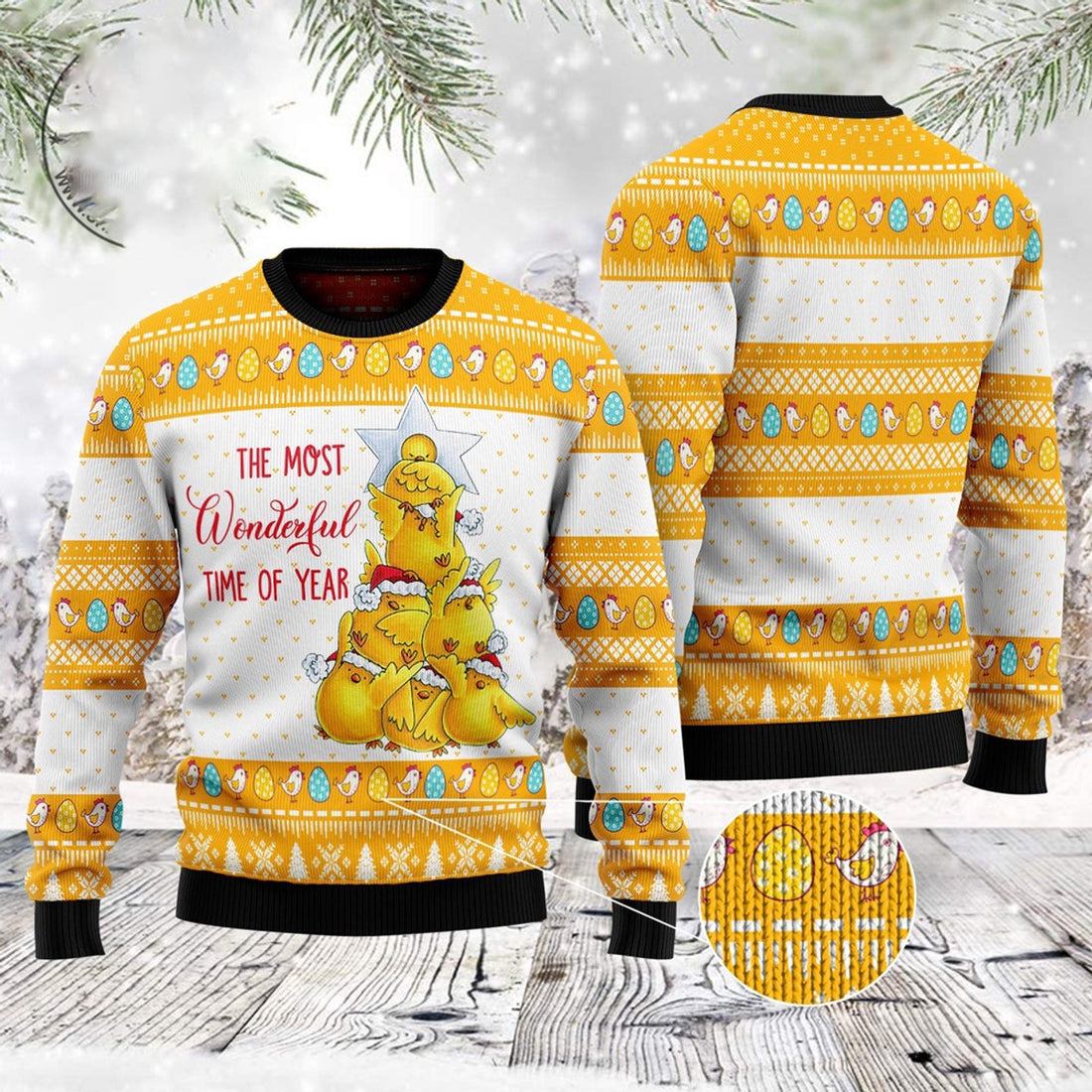 FUNSTUFFPRINT Wonderful Time Chicken Ugly Christmas Sweater, Christmas Sweater, Ugly Sweater, Funny Xmas Sweaters Ugly Sweater