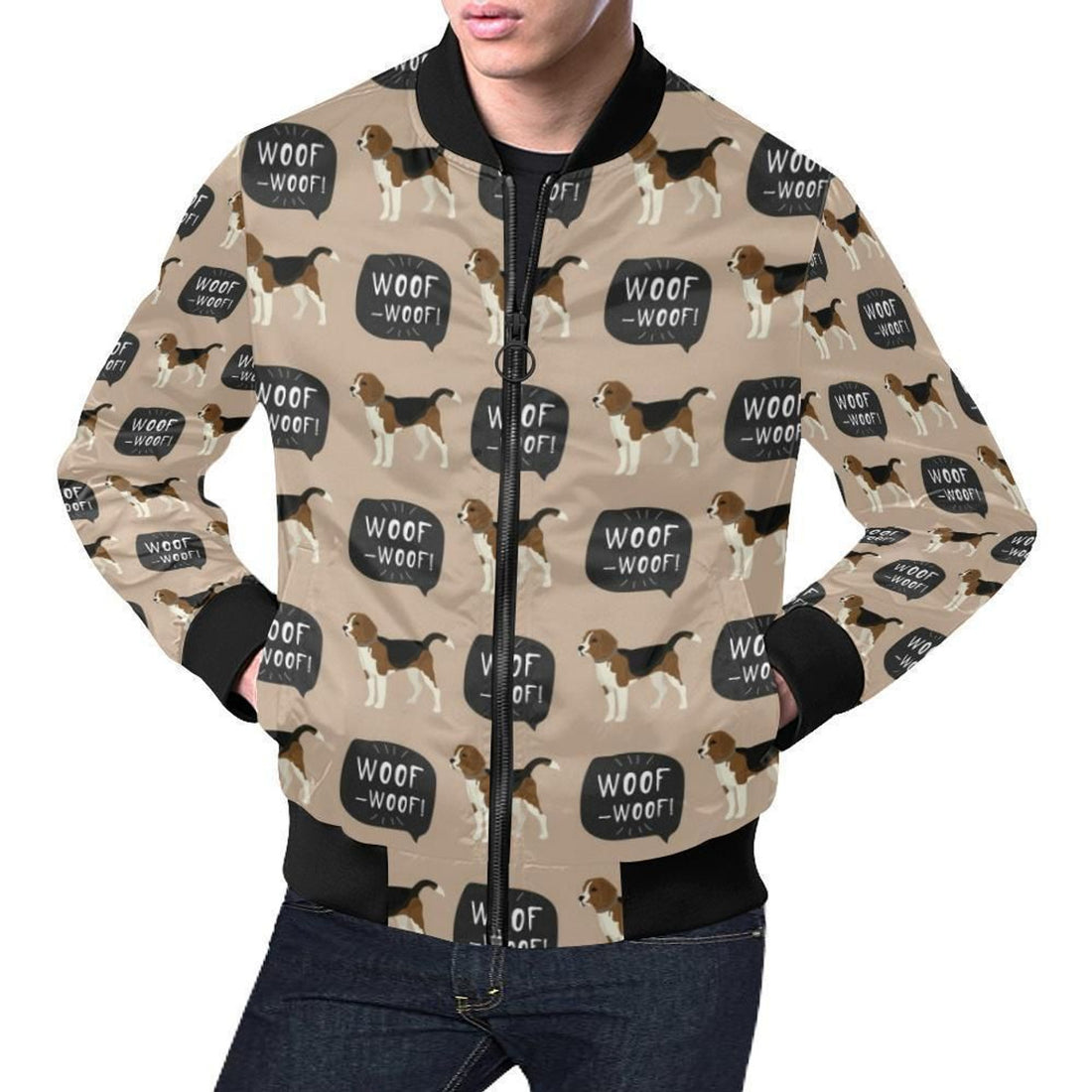 FUNSTUFFPRINT Woof Woof Beagle Pattern Print Mens 3D Bomber Jacket