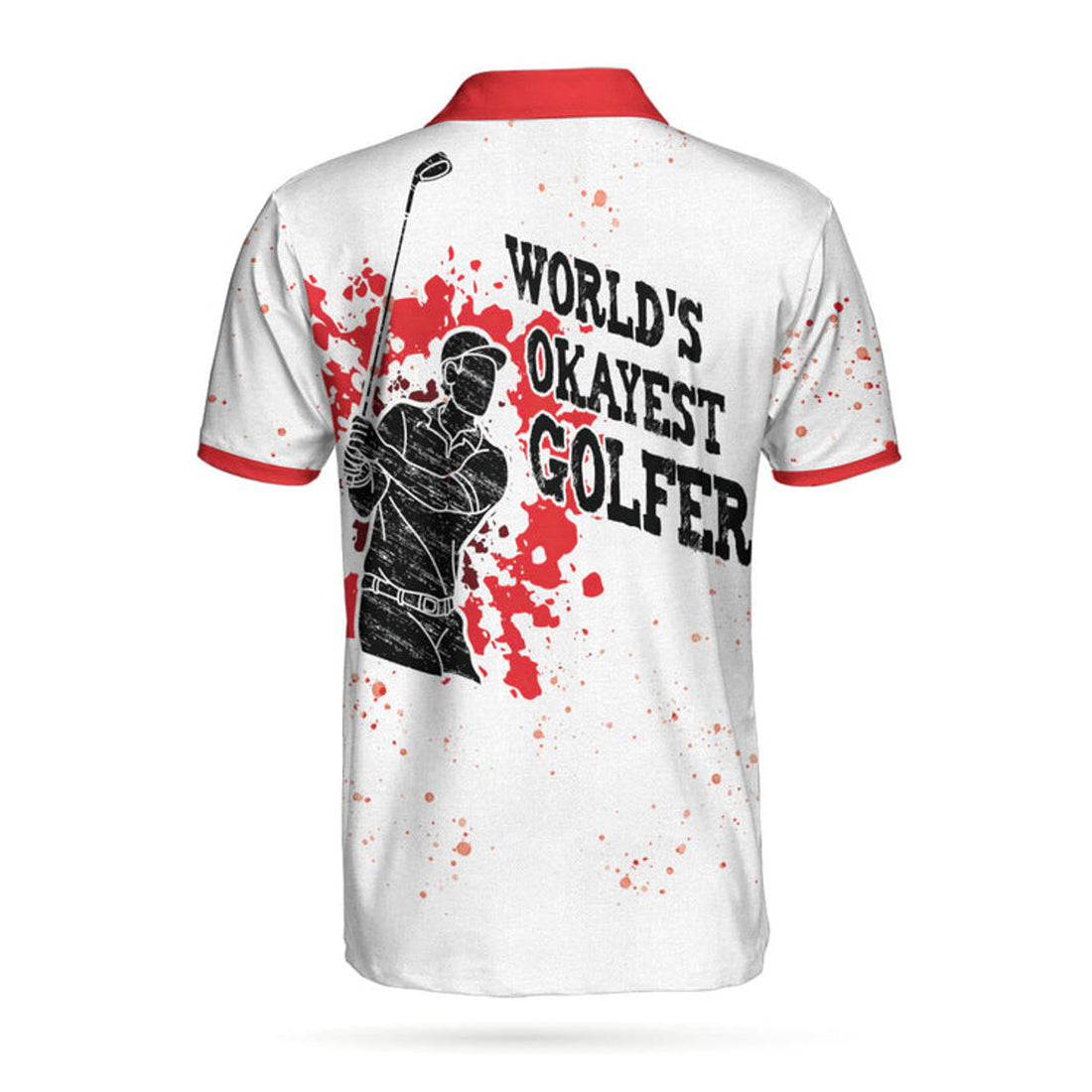 World's Okayest Golfer Golf Polo Shirt, Red Paint Splash Black Golfer Silhouette Polo Shirt, Best Golf Shirt For Men
