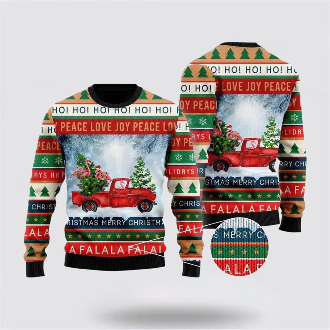 FUNSTUFFPRINT Xmas Flamingos Ride Red Truck Ugly Sweater - Christmas Gifts For Frends Ugly Sweater