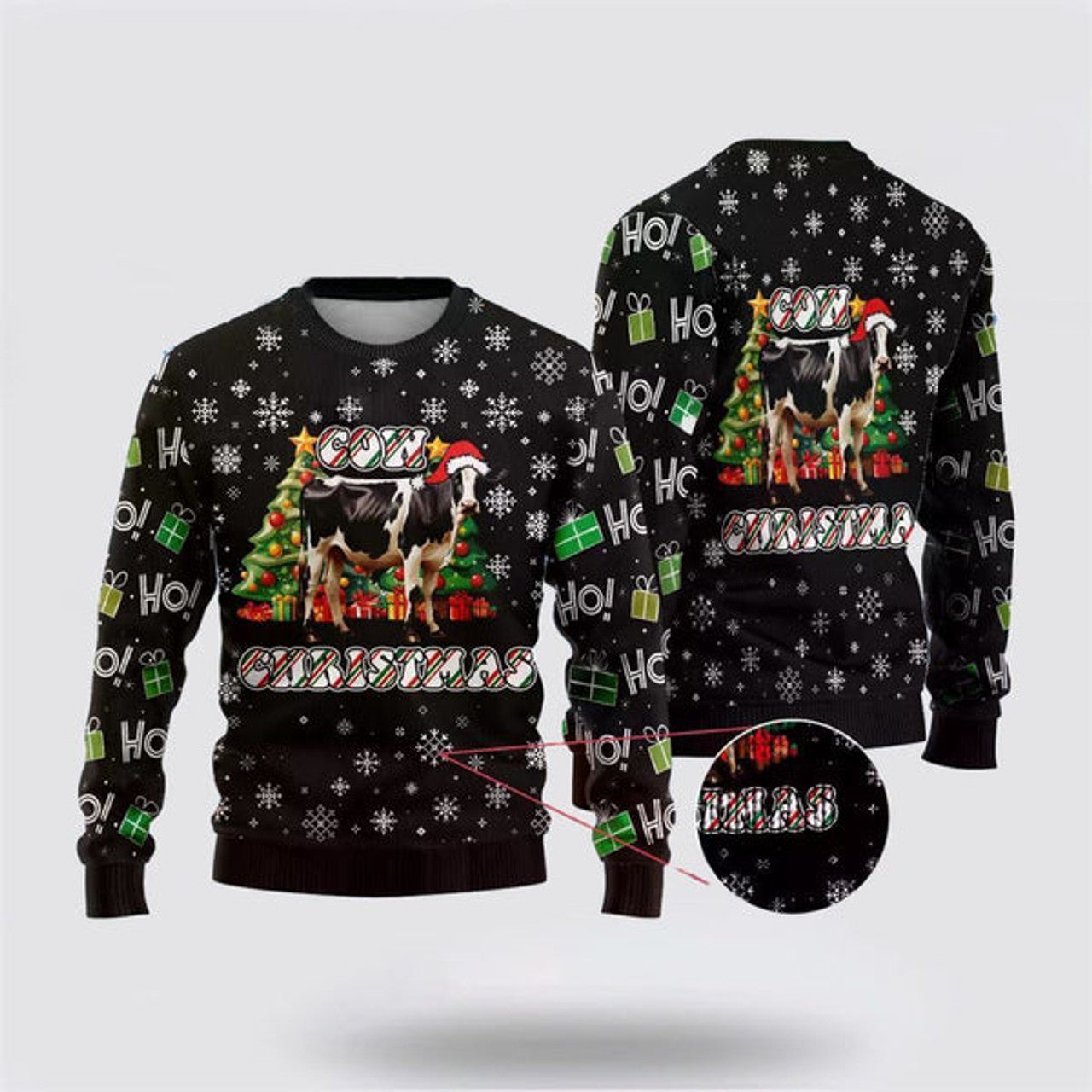 FUNSTUFFPRINT Xmas Pine Tree Cow Ugly Christmas Sweater, Farm Sweater, Christmas Gift, Best Winter Outfit Christmas Ugly Sweater