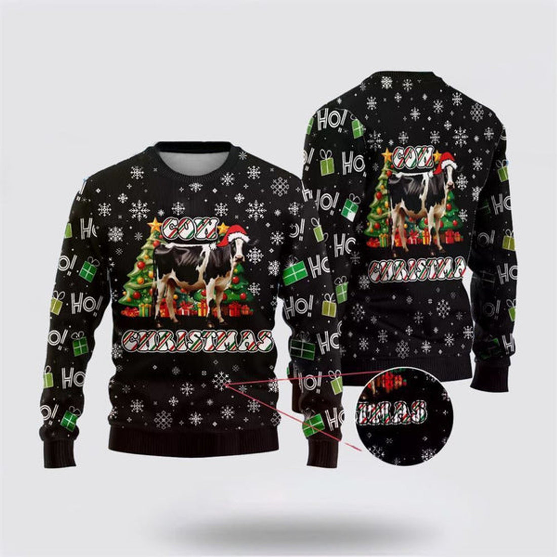 FUNSTUFFPRINT Xmas Pine Tree Cow Ugly Christmas Sweater, Farm Sweater, Christmas Gift, Best Winter Outfit Christmas Ugly Sweater