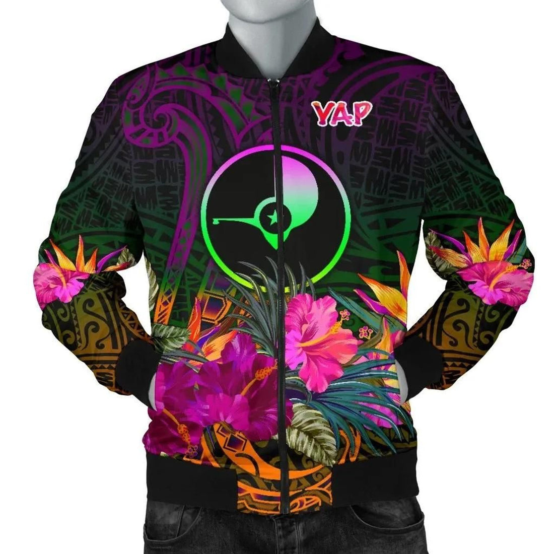 FUNSTUFFPRINT YAP Men's Bomber Jacket - Summer Hibiscus - 3D Bomber Jacket