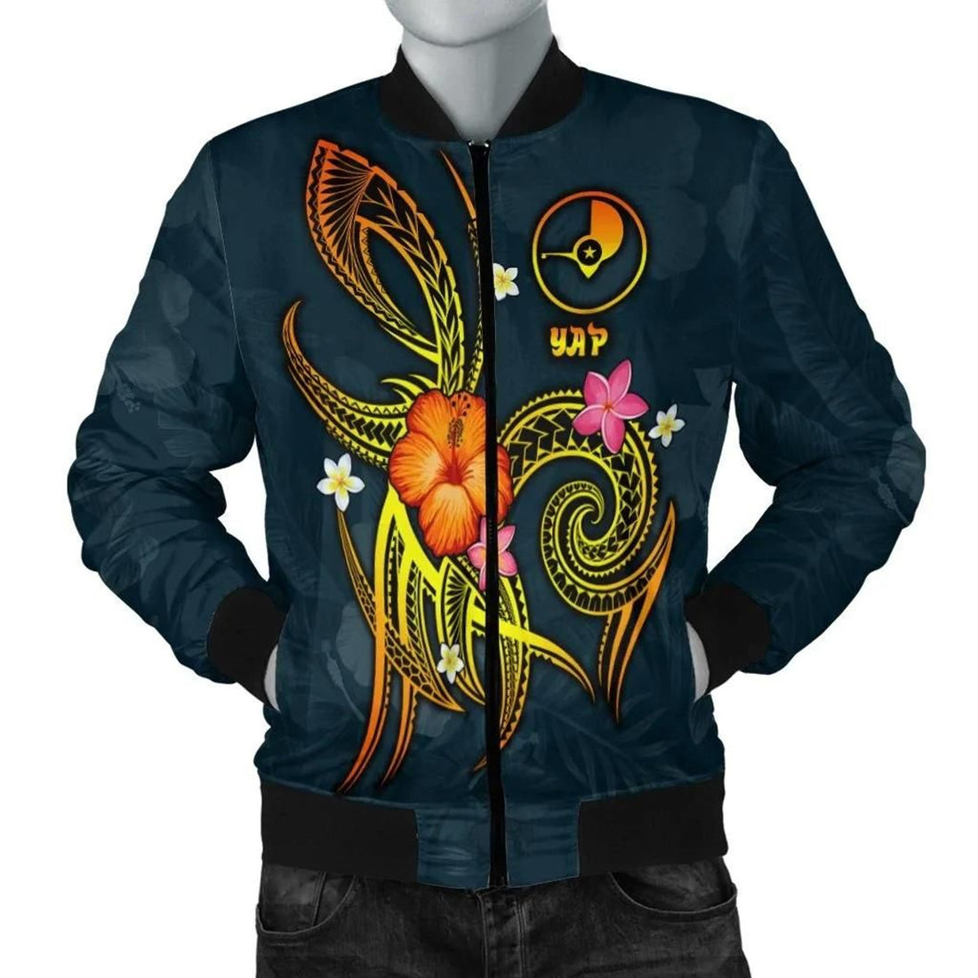 FUNSTUFFPRINT YAP Polynesian Men's Bomber Jacket - Legend of YAP (Blue) - 3D Bomber Jacket