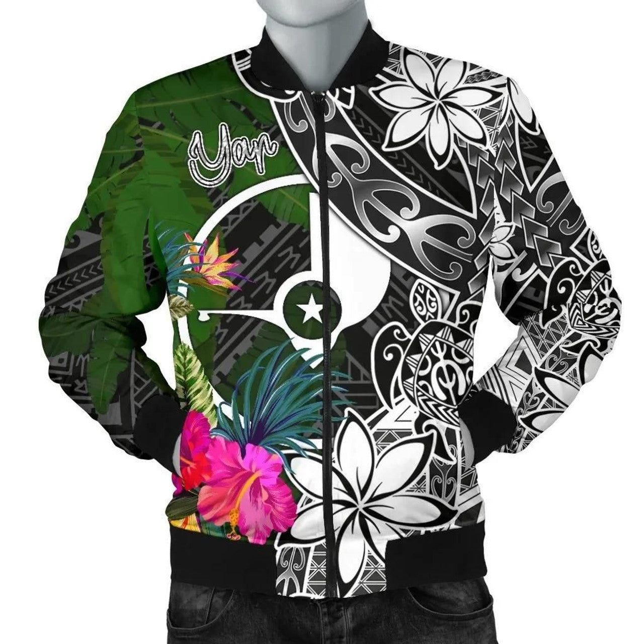 FUNSTUFFPRINT Yap Men Bomber Jacket - Turtle Plumeria Banana Leaf - 3D Bomber Jacket