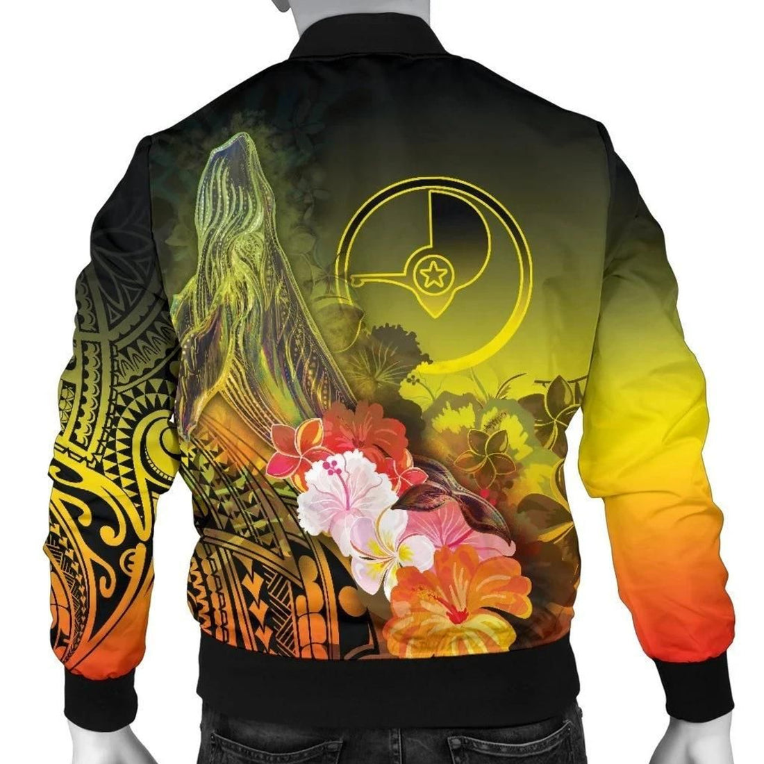 FUNSTUFFPRINT Yap Men's Bomber Jacket - Humpback Whale with Tropical Flowers (Yellow) - 3D Bomber Jacket