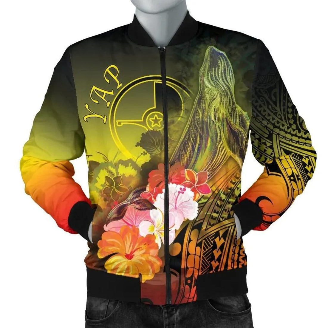 FUNSTUFFPRINT Yap Men's Bomber Jacket - Humpback Whale with Tropical Flowers (Yellow) - 3D Bomber Jacket