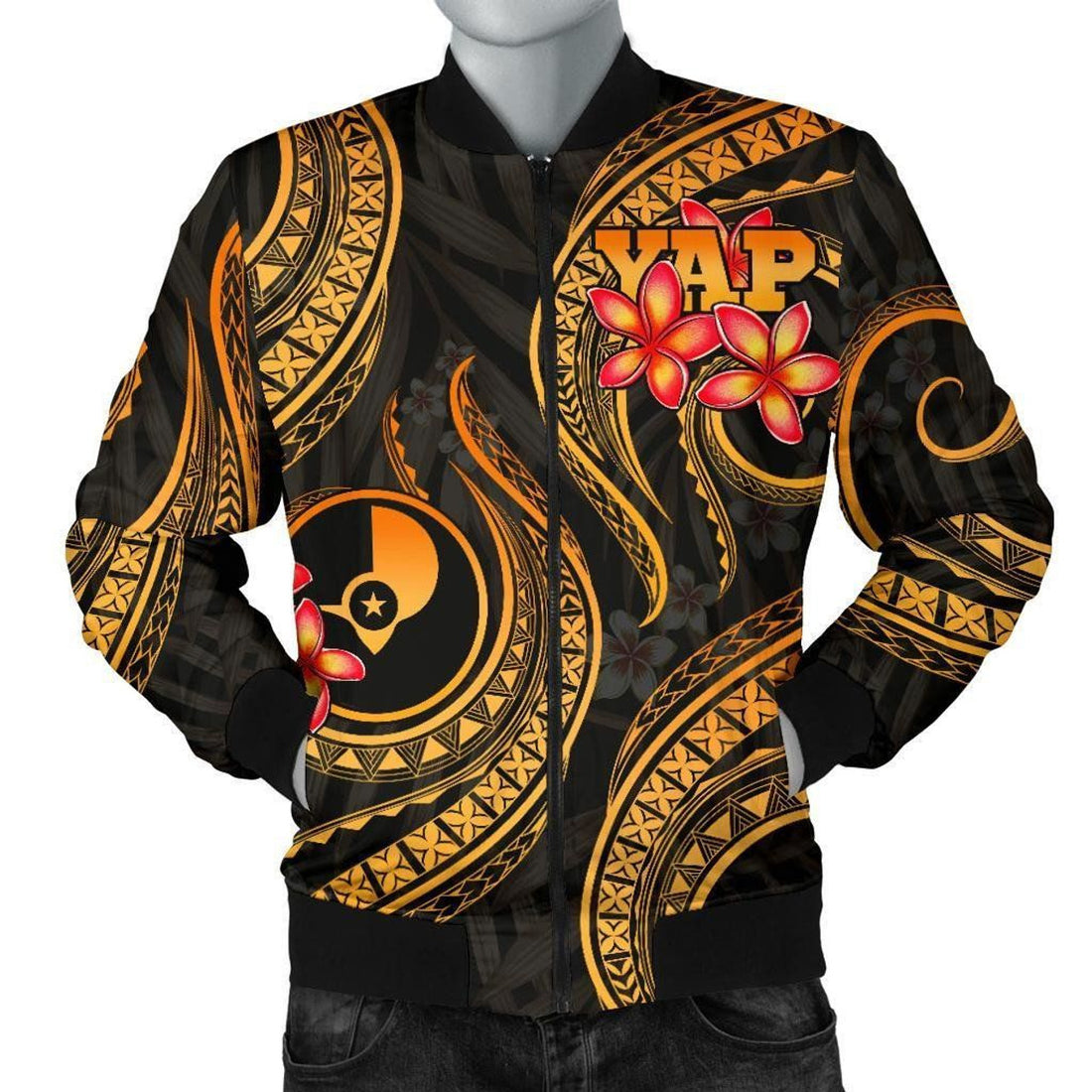 FUNSTUFFPRINT Yap Micronesian Men Bomber Jacket - Gold Plumeria - 3D Bomber Jacket