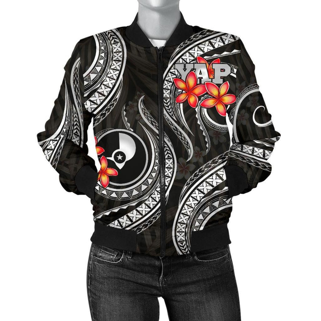 FUNSTUFFPRINT Yap Micronesian Women Bomber Jacket - Black Plumeria - 3D Bomber Jacket