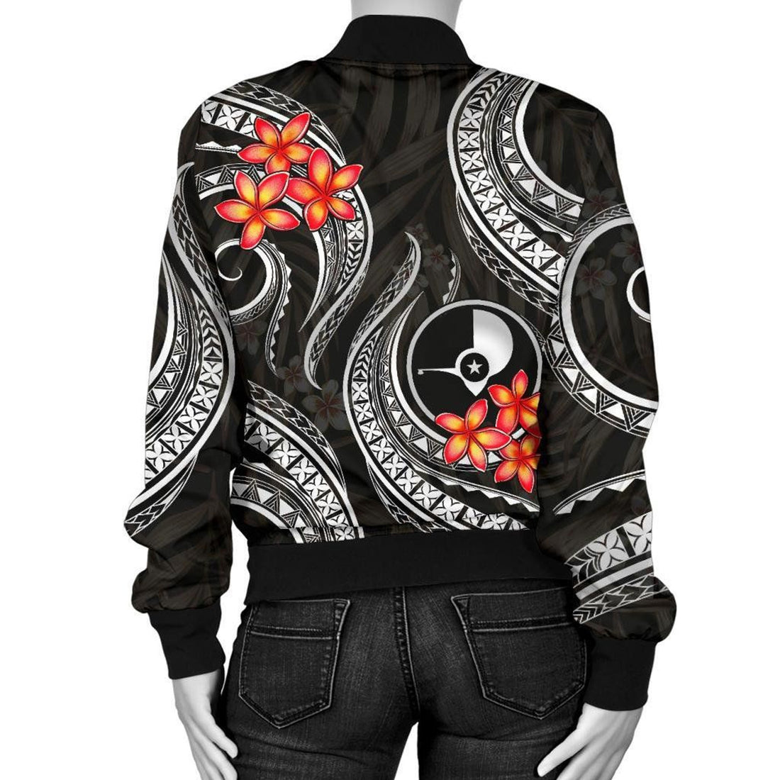 FUNSTUFFPRINT Yap Micronesian Women Bomber Jacket - Black Plumeria - 3D Bomber Jacket