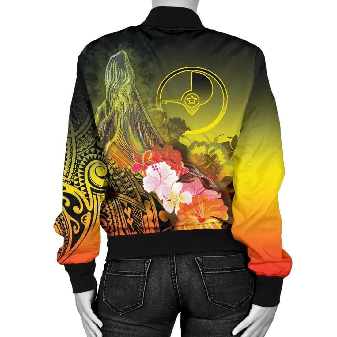 FUNSTUFFPRINT Yap Women's Bomber Jacket - Humpback Whale with Tropical Flowers (Yellow) - 3D Bomber Jacket