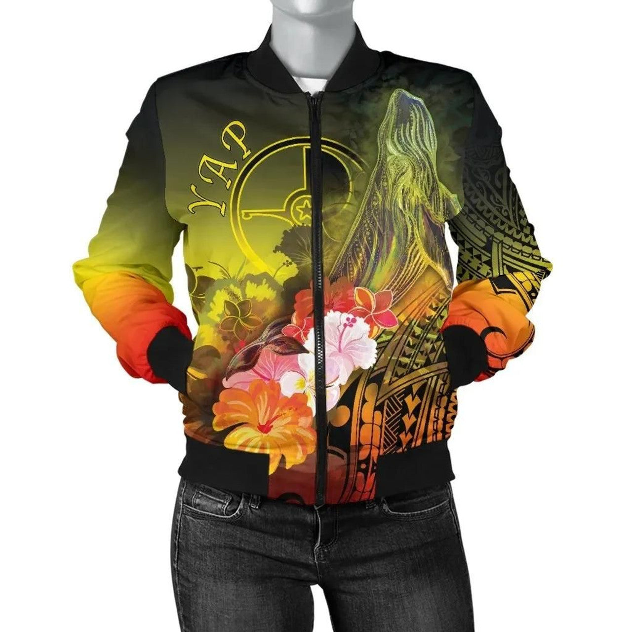 FUNSTUFFPRINT Yap Women's Bomber Jacket - Humpback Whale with Tropical Flowers (Yellow) - 3D Bomber Jacket