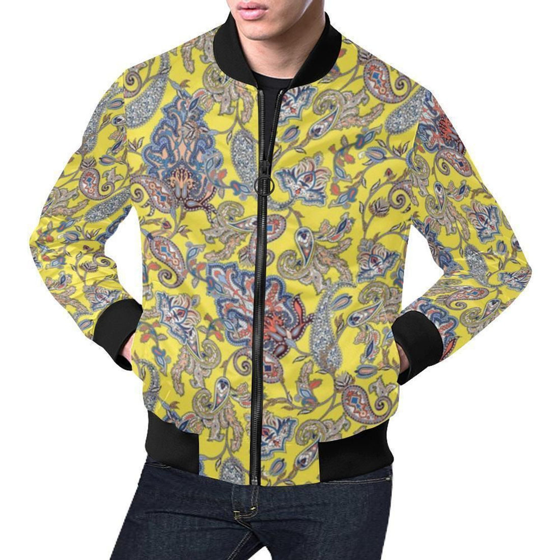 FUNSTUFFPRINT Yellow Paisley Pattern Print Mens 3D Bomber Jacket