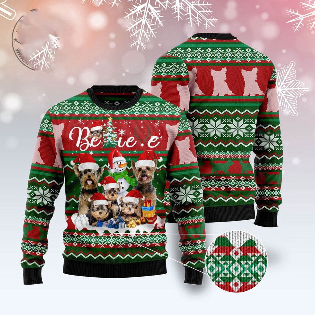 FUNSTUFFPRINT Yorkshire Terrier Believe Christmas Ugly Christmas Sweater, Christmas Sweater, Ugly Sweater, Funny Xmas Sweaters Ugly Sweater