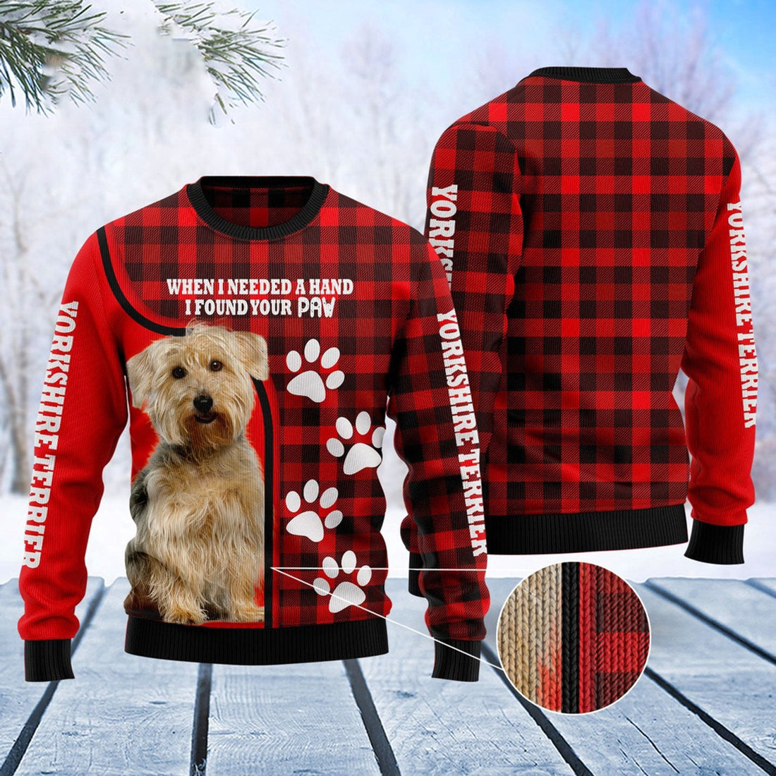 FUNSTUFFPRINT Yorkshire Terrier Paw Ugly Christmas Sweater, Dog Ugly Christmas Sweater, Ugly Dog Sweaters Ugly  Sweater