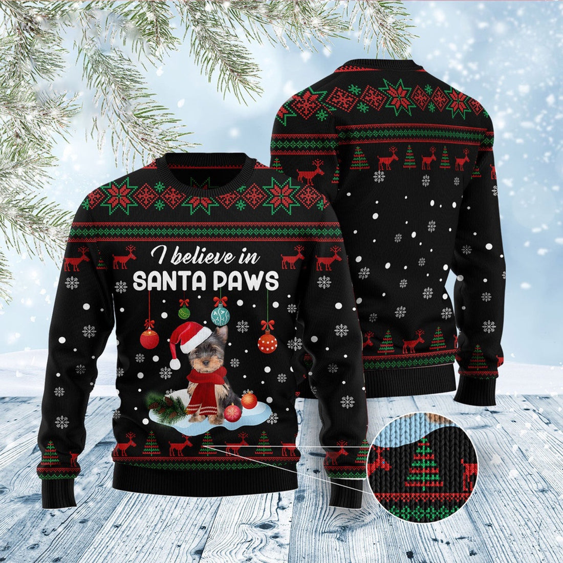 FUNSTUFFPRINT Yorkshire Terrier Santa Paw Ugly Christmas Sweater, Christmas Sweater, Ugly Sweater, Funny Xmas Sweaters Ugly Sweater