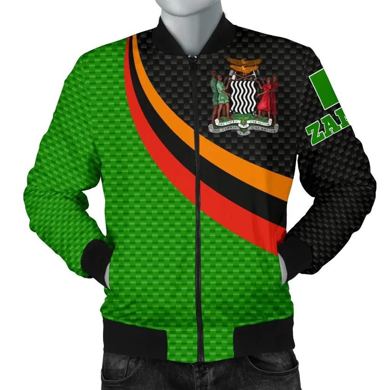 FUNSTUFFPRINT Zambia Men's Bomber Jacket - Zambia Flag and Coat Of Arms - 3D Bomber Jacket