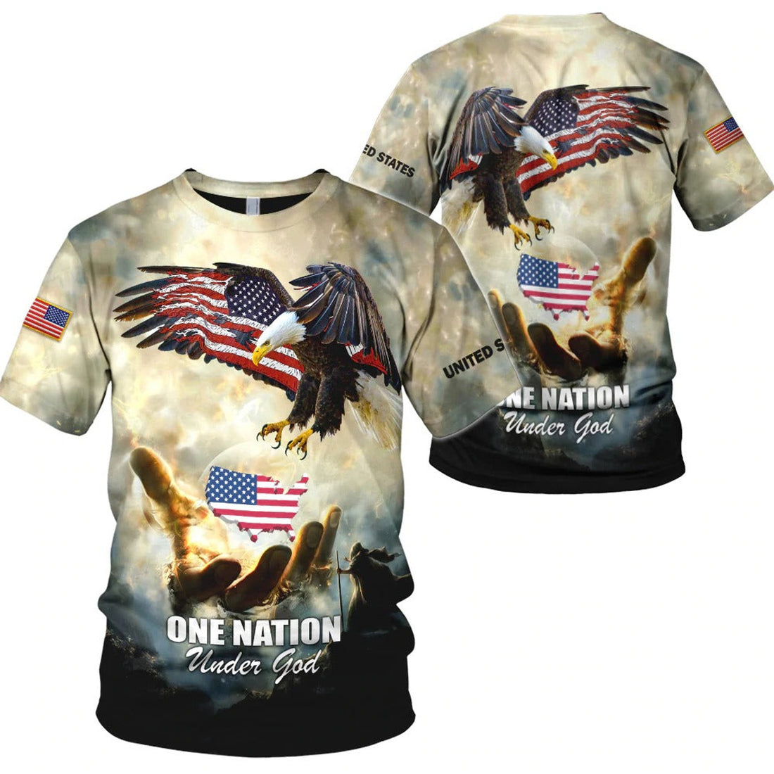 FUNSTUFFPRINT One Nation Under God American Flag Ealge God Hand All Over PrinT-Shirt, United States Eagle Under God 3D Jacket 3D T-shirt