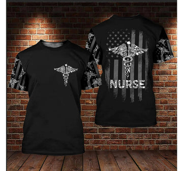 FUNSTUFFPRINT Nurse American Flag Diamond Flag 3D Printed Shirt, Nurse Uniform 3D T-Shirt