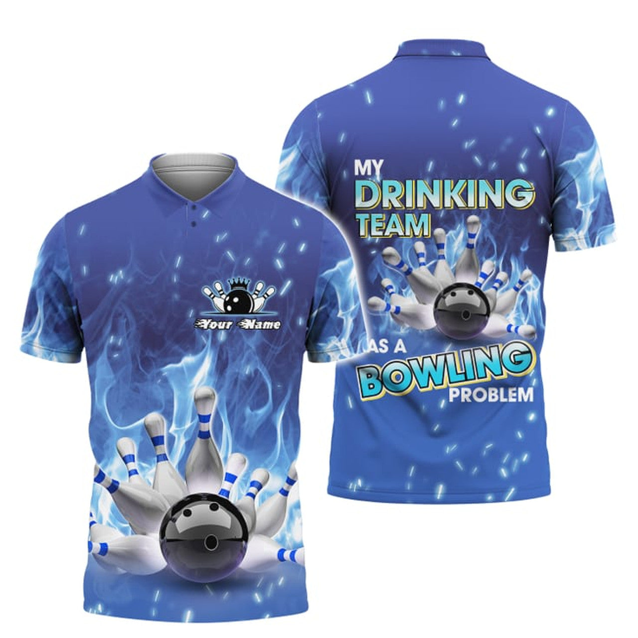 Customized Bowling Strike On Blue Fire 3D Polo Shirt, Best Shirt For Team Bowling, Bowling Uniform Lover