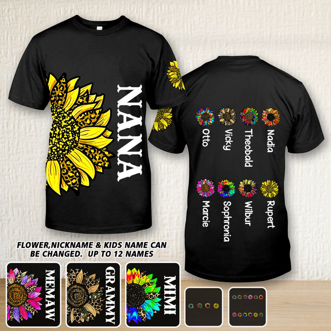 FUNSTUFFPRINT Personalized Colorful Grandma & Flowers with Kid's Name T-shirt, Mom Mimi Nana Shirt, Mother's Day Shirt 3D T-shirt
