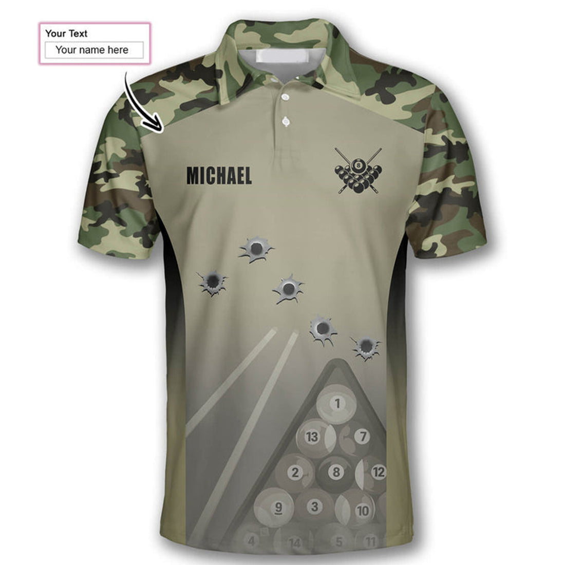 Custom Billiard Camouflage Gun Holes Custom Billiard Shirts for Men, Custom Billiard ball for Team, Men's Billiard Polo Shirts