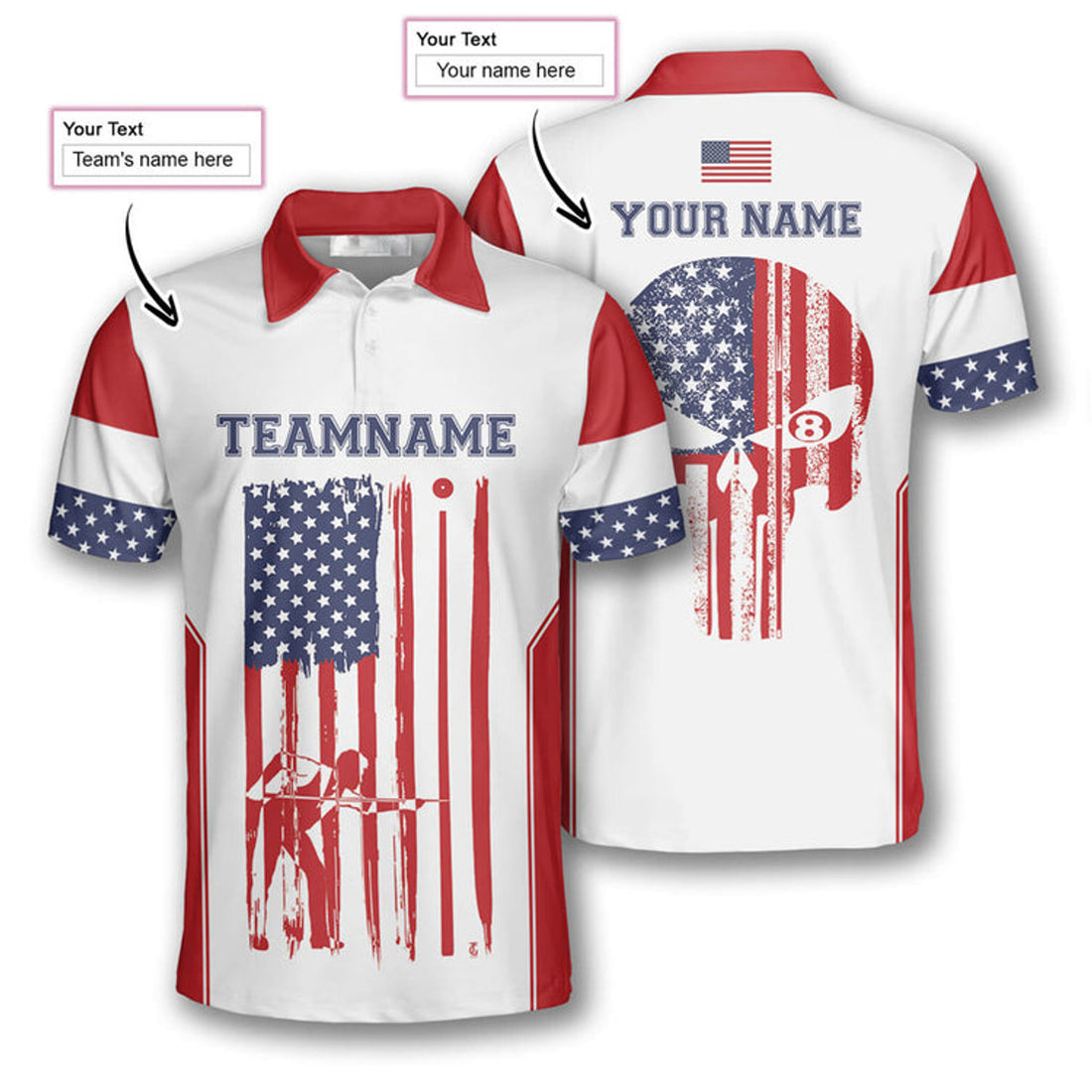 Custom Billiard Patriotic Skull Flag White Custom Billiard Shirts for Men, Custom Billiard Shirts for Team, Men's Billiard Polo Shirts