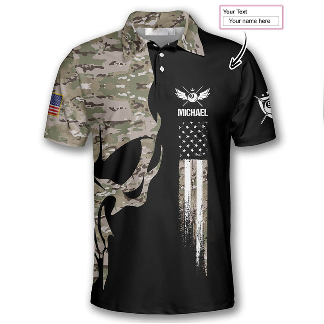 Custom Skull Camouflage Custom Billiard Shirts for Men, Custom Billiard Shirts for Team, Billiard Polo Shirts
