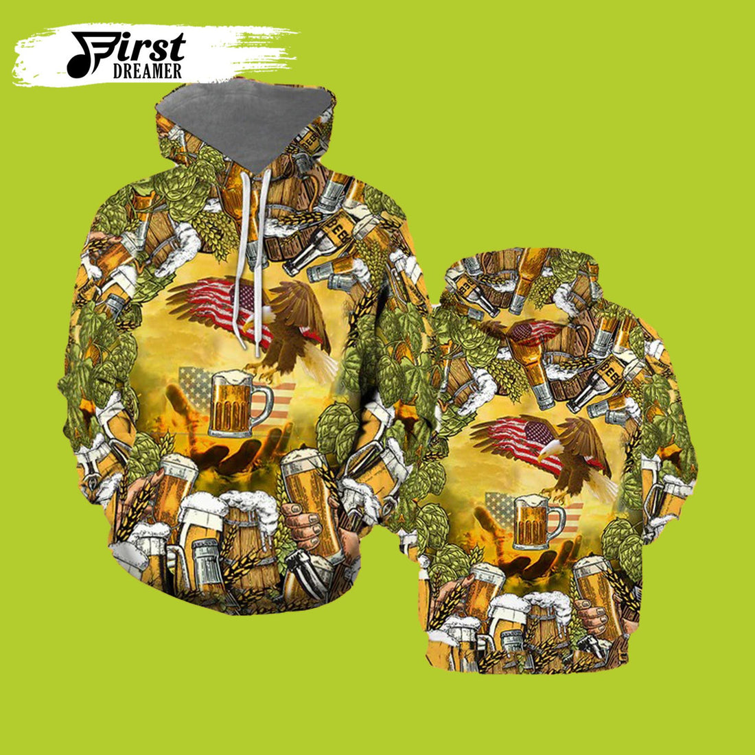 FUNSTUFFPRINT American Eagles And Beer 3D Hoodie and Zip Hoodie