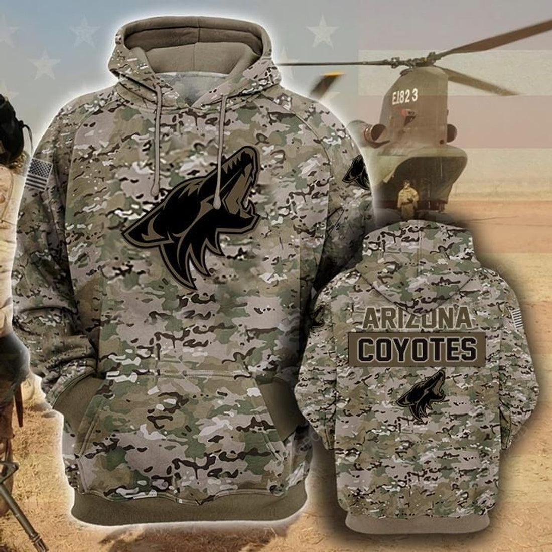 FUNSTUFFPRINT Arizona Coyotes Camouflage Veteran 3D Hoodie and Zip Hoodie