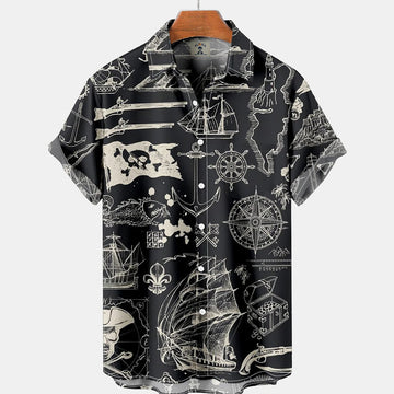 Vintage Hawaiian Nautical Pirate Ship Print Short Sleeve hawaiian Shirt