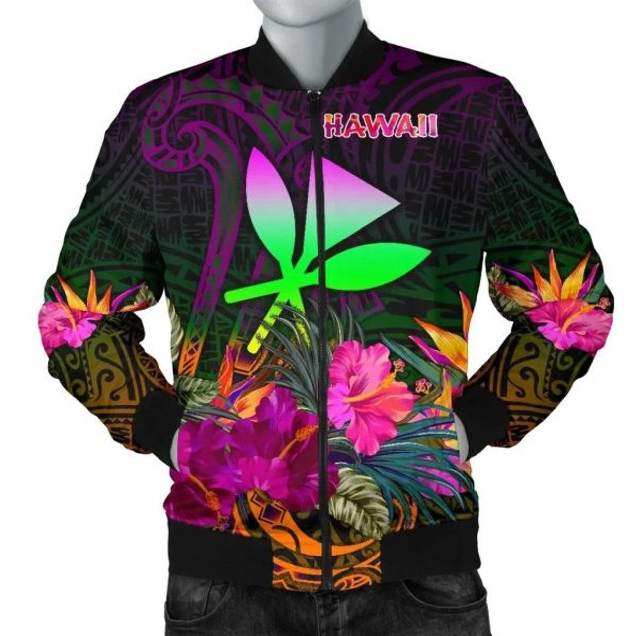 FUNSTUFFPRINT Polynesian Hawaii Kanaka Maoli Men's Bomber Jacket - Summer Hibiscus 3D Bomber Jacket