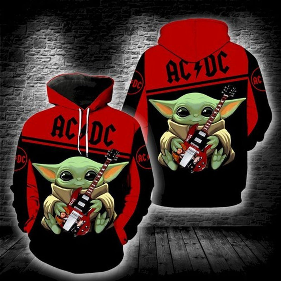 FUNSTUFFPRINTBaby Yoda Ac Dc 3D Hoodie and Zip Hoodie