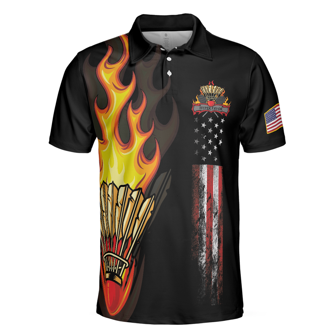 Badminton Flame Short Sleeve Polo Shirt, Black Theme American Flag Badminton Polo Shirt, Best Badminton Shirt For Men