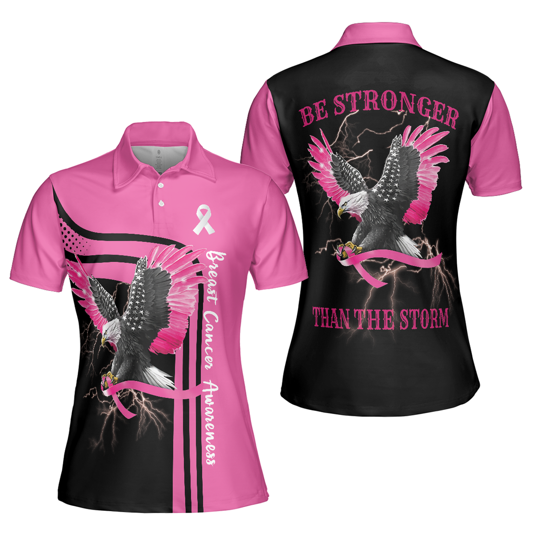 Be Stronger Than The Storm Breast Cancer Awareness Short Sleeve Women Polo Shirt, Eagle Awareness Ribbon Polo Shirt For Ladies