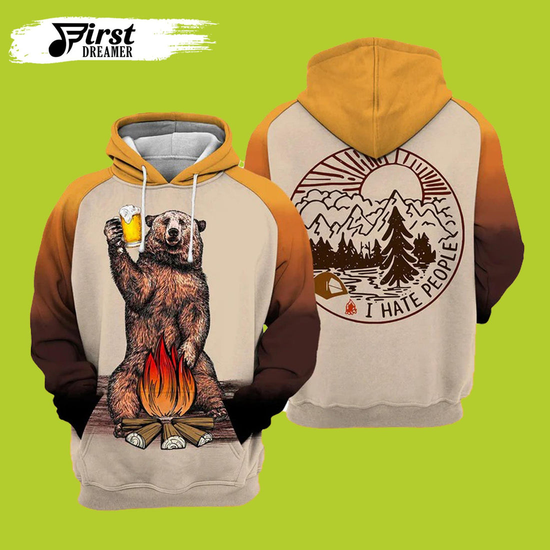 FUNSTUFFPRINT Bear Beer I Hate People 3D Hoodie and Zip Hoodie
