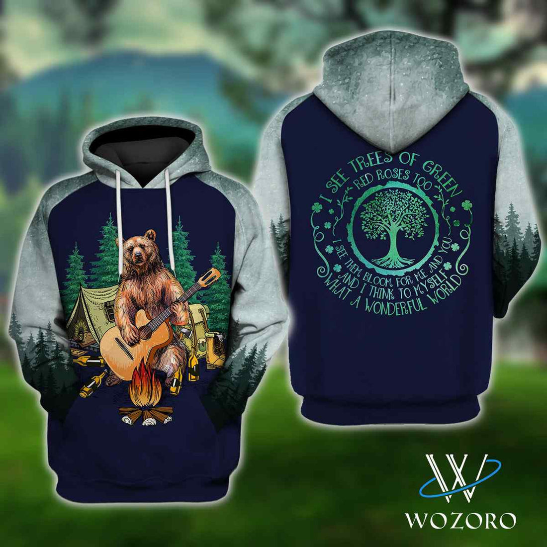 FUNSTUFFPRINT Bear Guitar I See Trees Of Green Camping 3D Hoodie and Zip Hoodie