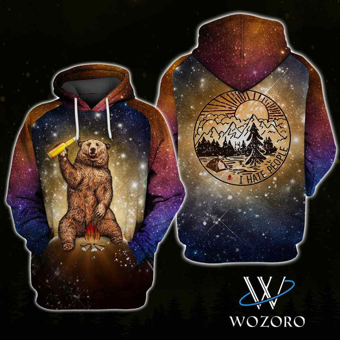 FUNSTUFFPRINT Bear I Hate People Galaxy Camping 3D Hoodie and Zip Hoodie