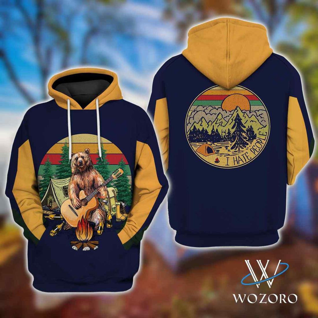 FUNSTUFFPRINT Bear Plays Guitar I Hate People Vintage Camping 3D Hoodie and Zip Hoodie